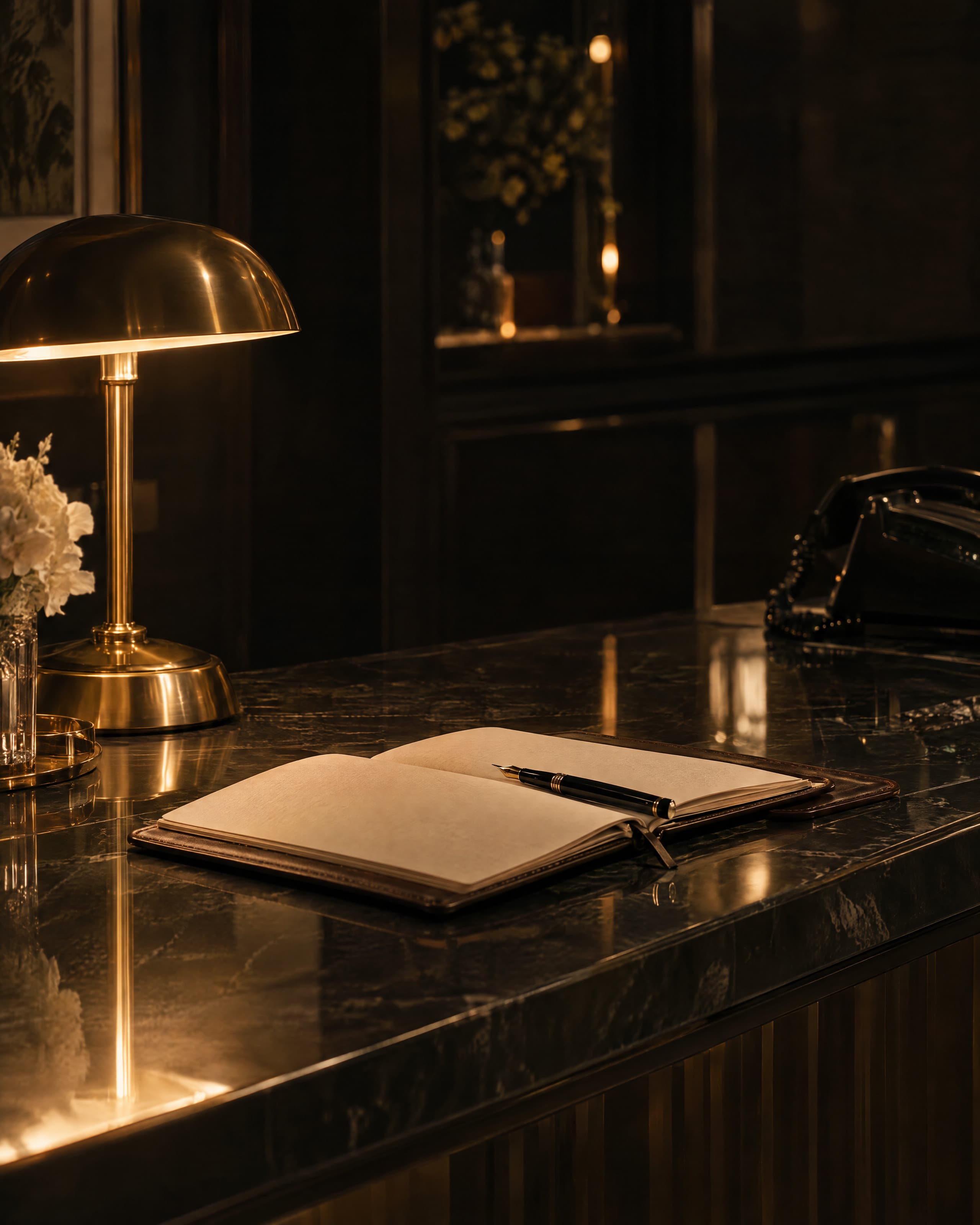 A concierge desk at night, a notebook and a brass lamp.