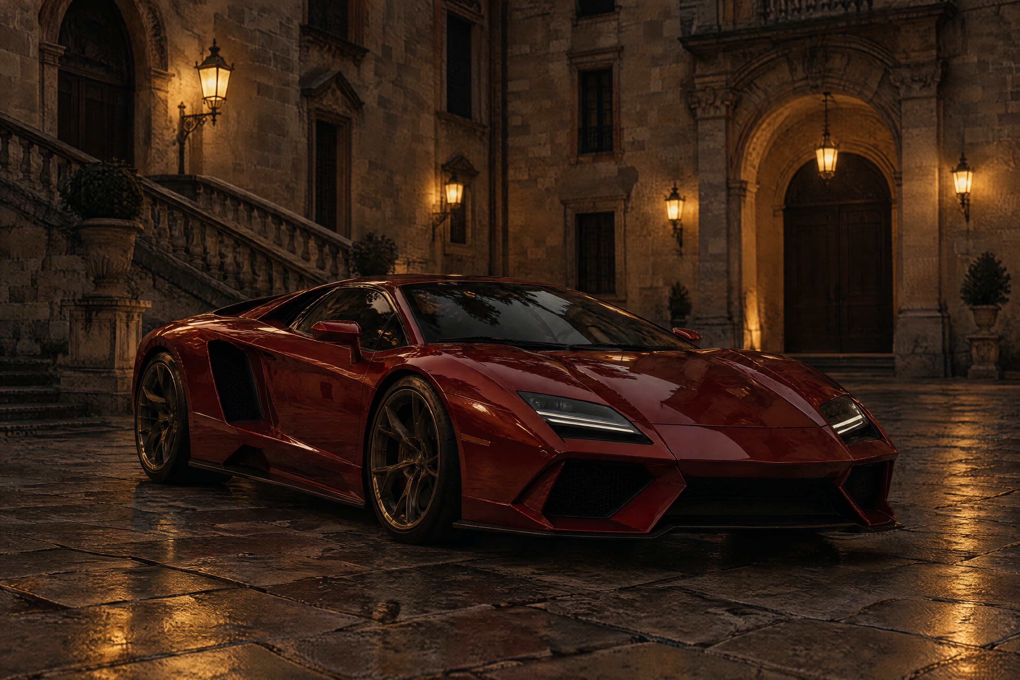 A red sports car in the stone courtyard of a palazzo, lit by lanterns after the rain.