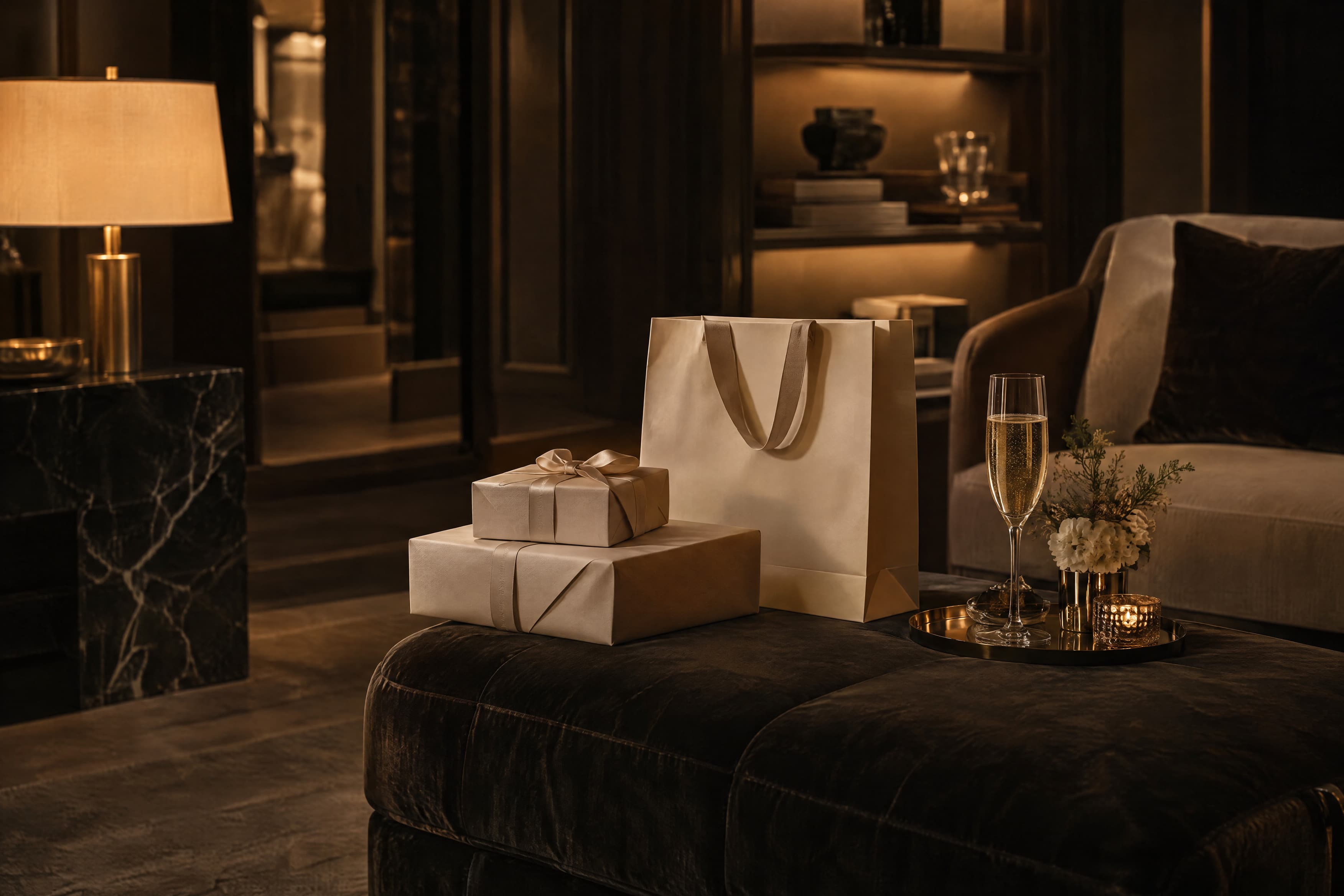 A boutique’s private salon: tissue-wrapped boxes, a cream shopping bag, a glass.