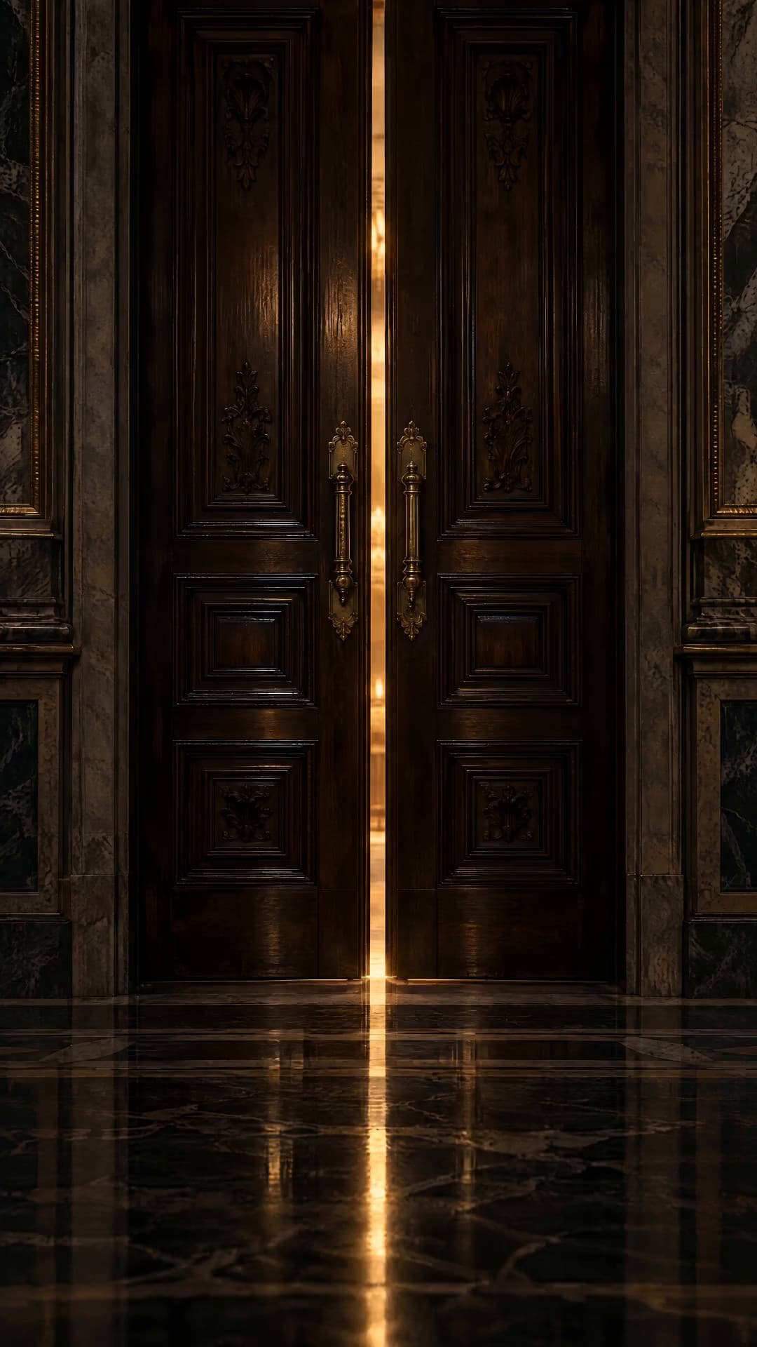 Due alte porte di legno scuro intagliato, chiuse: una lama di luce calda tra i battenti, sul pavimento di marmo.