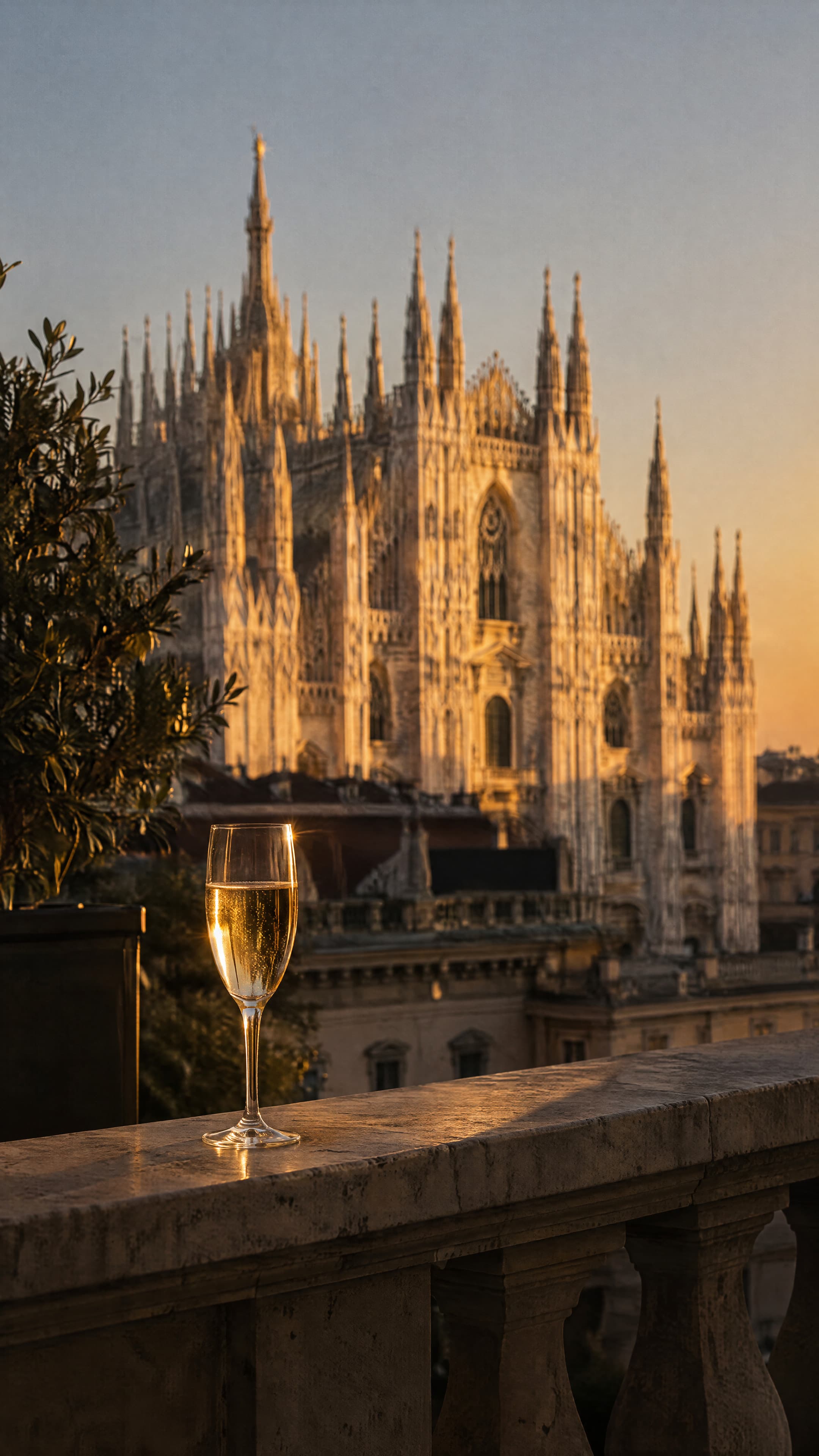 Il Duomo al tramonto da una terrazza: un calice di champagne e una lampada d’ottone sulla balaustra di pietra.