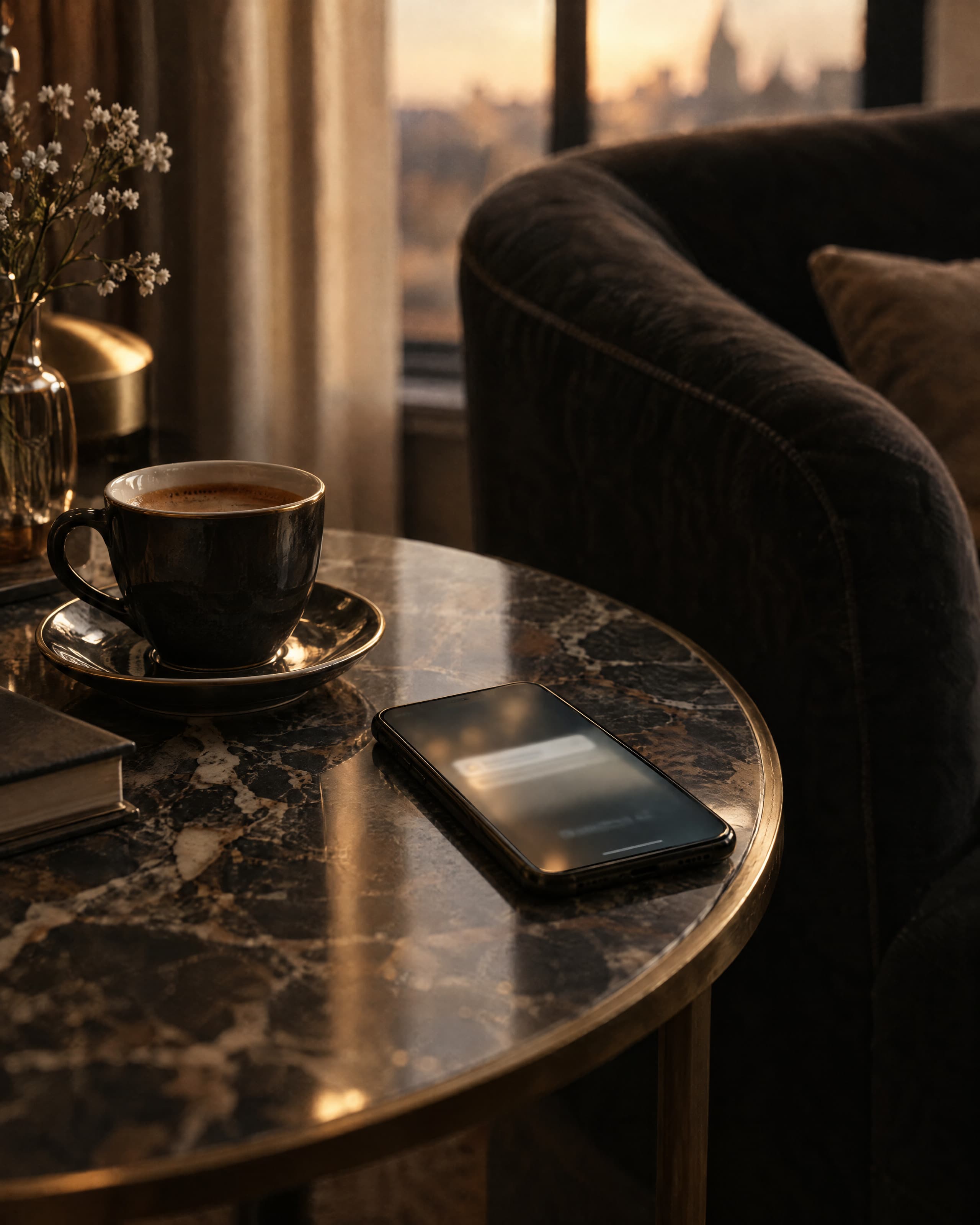 An espresso and a phone on a marble table, a velvet armchair, the city at dusk beyond the window.